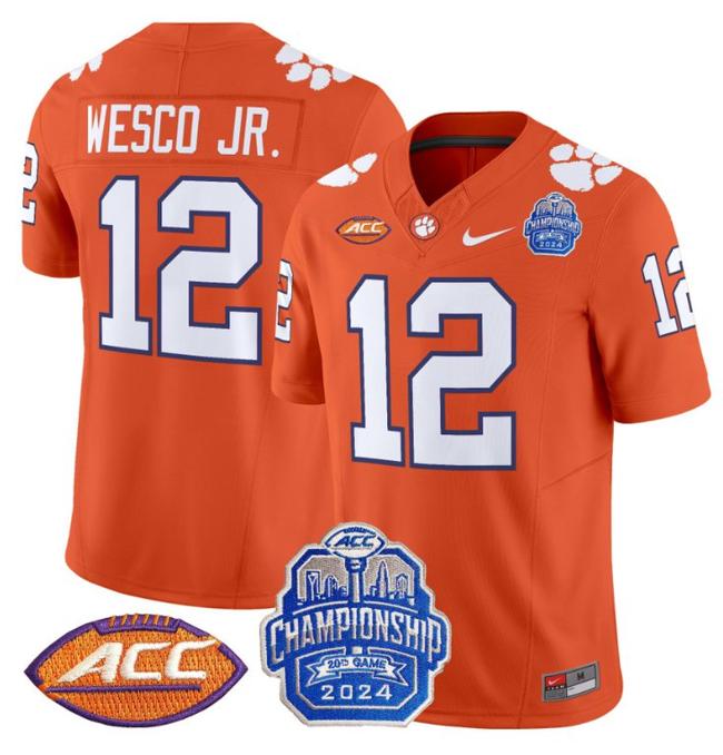 Men's Nike Bryant Wesco Jr Jersey #12 Clemson Tigers 2024 ACC Championship Patch F.U.S.E. Vapor Limited Stitched College Football Orange