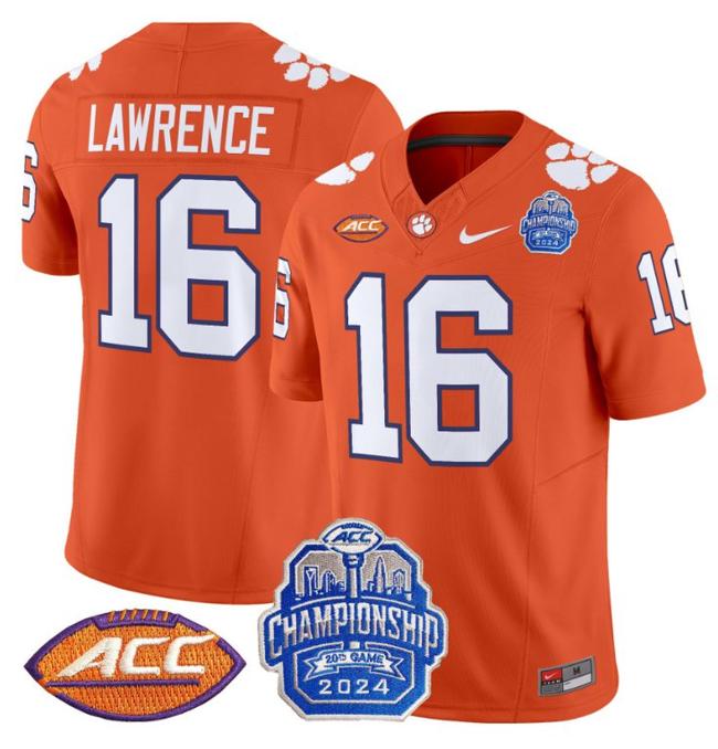 Men's Nike Trevor Lawrence Jersey #16 Clemson Tigers 2024 ACC Championship Patch F.U.S.E. Vapor Limited Stitched College Football Orange