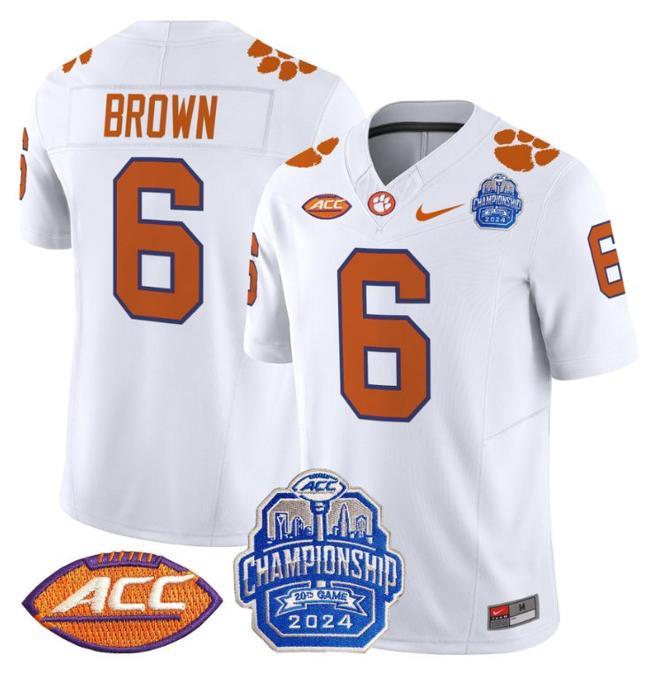 Men's Nike Tyler Brown Jersey #6 Clemson Tigers 2024 ACC Championship Patch F.U.S.E. Vapor Limited Stitched College Football White