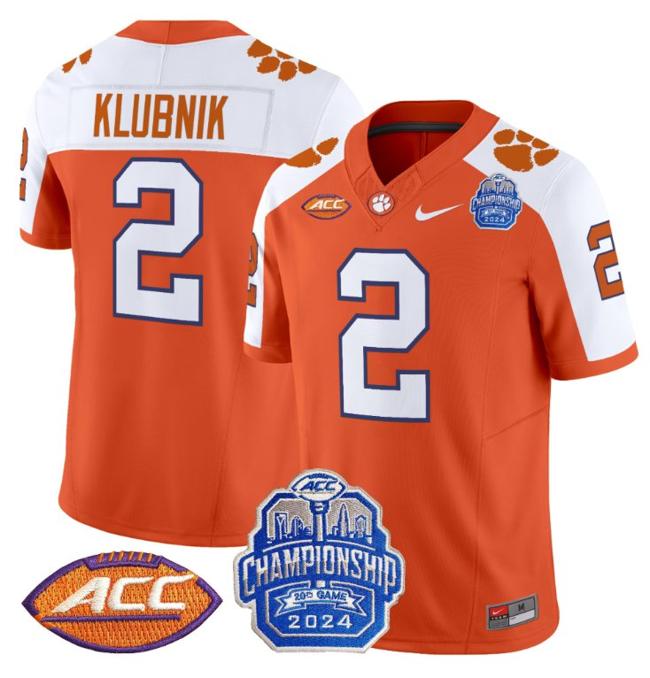 Men's Nike Cade Klubnik Jersey #2 Clemson Tigers 2024 ACC Championship Patch F.U.S.E. Vapor Limited Stitched College Football Orange Alternate