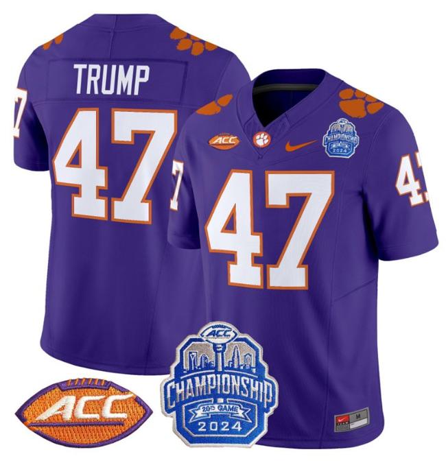 Men's Nike Donald Trump Jersey #47 Clemson Tigers 2024 ACC Championship Patch F.U.S.E. Vapor Limited Stitched College Football Purple