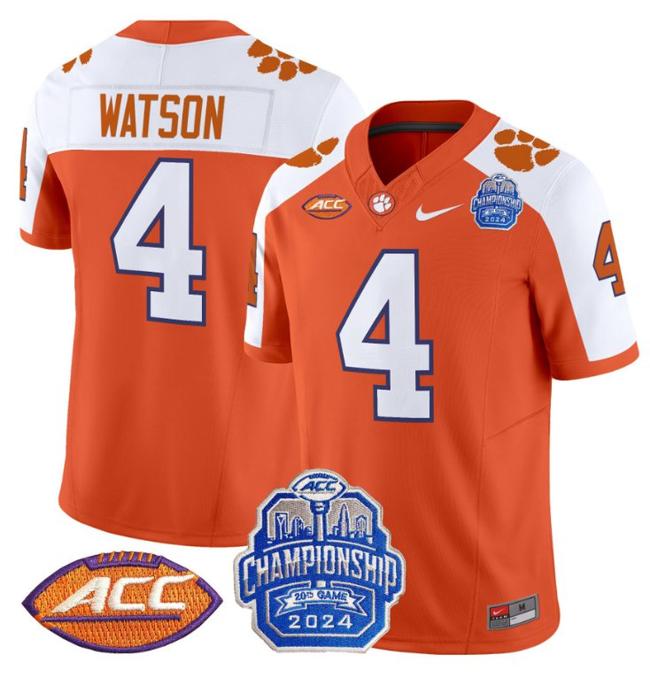 Men's Nike Deshaun Watson Jersey #4 Clemson Tigers 2024 ACC Championship Patch F.U.S.E. Vapor Limited Stitched College Football Orange Alternate