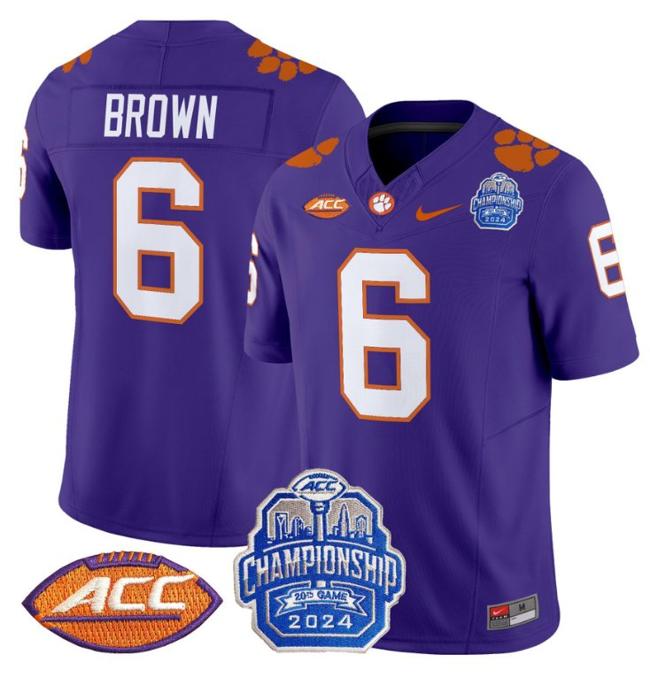 Men's Nike Tyler Brown Jersey #6 Clemson Tigers 2024 ACC Championship Patch F.U.S.E. Vapor Limited Stitched College Football Purple