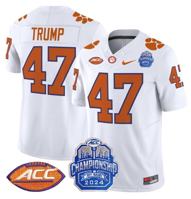 Men's Nike Donald Trump Jersey #47 Clemson Tigers 2024 ACC Championship Patch F.U.S.E. Vapor Limited Stitched College Football White