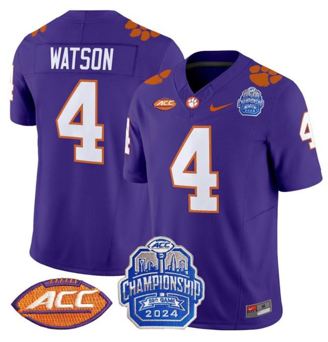 Men's Nike Deshaun Watson Jersey #4 Clemson Tigers 2024 ACC Championship Patch F.U.S.E. Vapor Limited Stitched College Football Purple