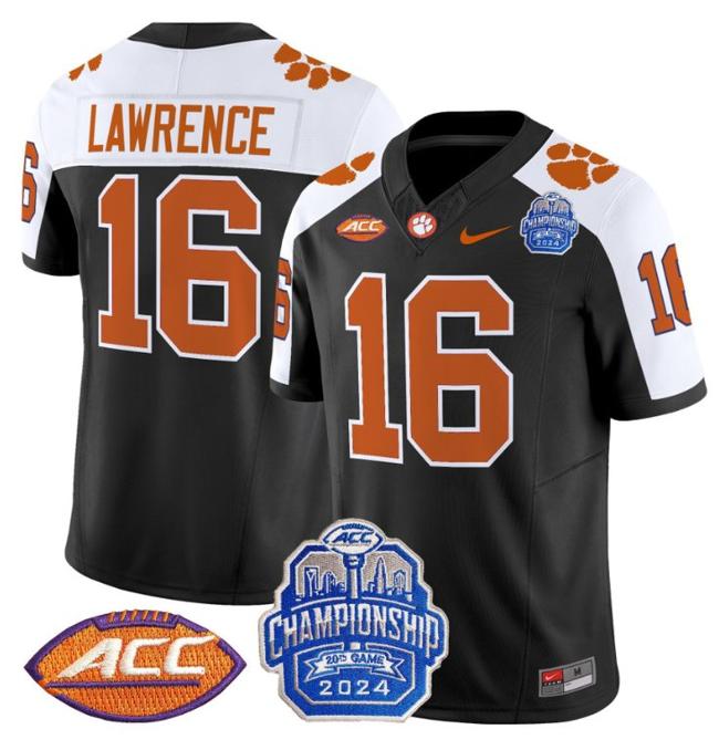 Men's Nike Trevor Lawrence Jersey #16 Clemson Tigers 2024 ACC Championship Patch F.U.S.E. Vapor Limited Stitched College Football Black Alternate