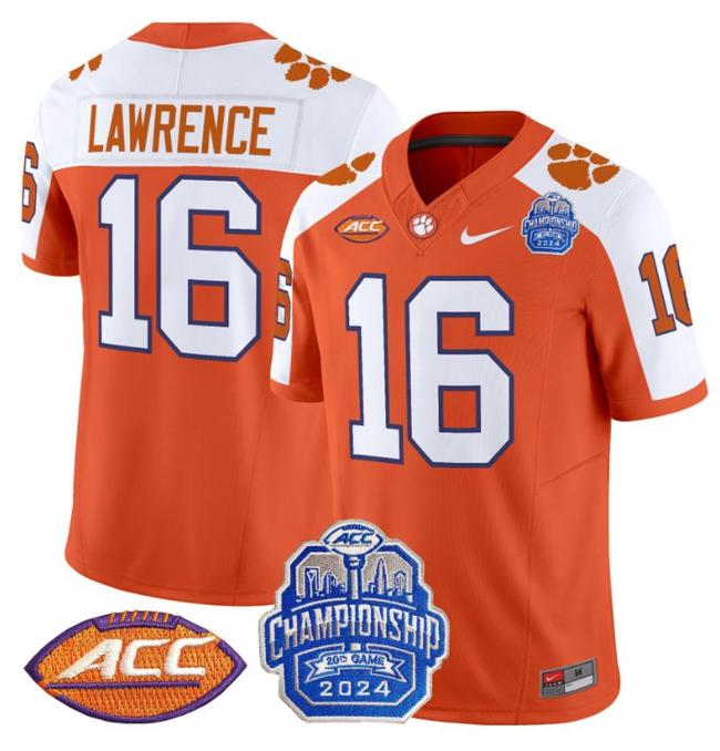 Men's Nike Trevor Lawrence Jersey #16 Clemson Tigers 2024 ACC Championship Patch F.U.S.E. Vapor Limited Stitched College Football Orange Alternate