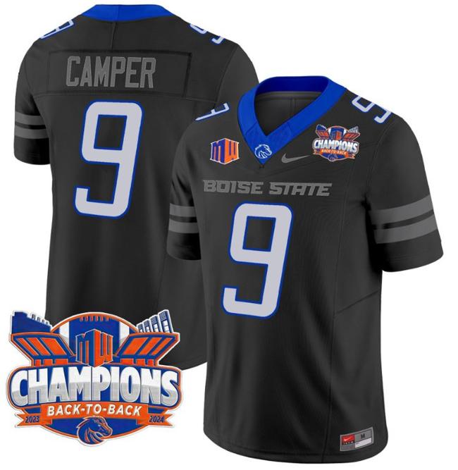 Men's Nike Cameron Camper Jersey #9 Boise State Broncos Back To Back Champions Patch F.U.S.E. Vapor Limited Stitched College Football Black