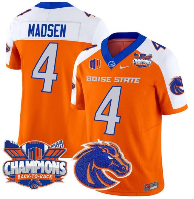 Men's Nike Maddux Madsen Jersey #4 Boise State Broncos Back To Back Champions Patch F.U.S.E. Vapor Limited Stitched College Football Orange Alternate