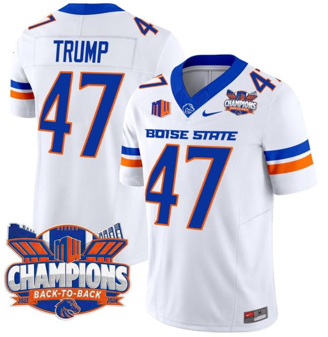 Men's Nike Donald Trump Jersey #47 Boise State Broncos Back To Back Champions Patch F.U.S.E. Vapor Limited Stitched College Football White