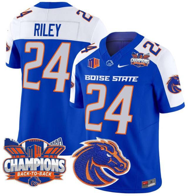 Men's Nike Dylan Riley Jersey #24 Boise State Broncos Back To Back Champions Patch F.U.S.E. Vapor Limited Stitched College Football Royal Alternate