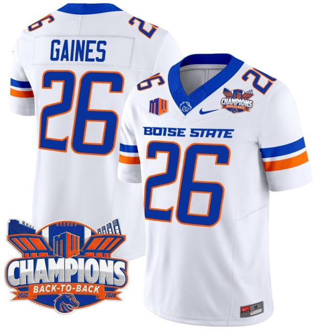 Men's Nike Sire Gaines Jersey #26 Boise State Broncos Back To Back Champions Patch F.U.S.E. Vapor Limited Stitched College Football White