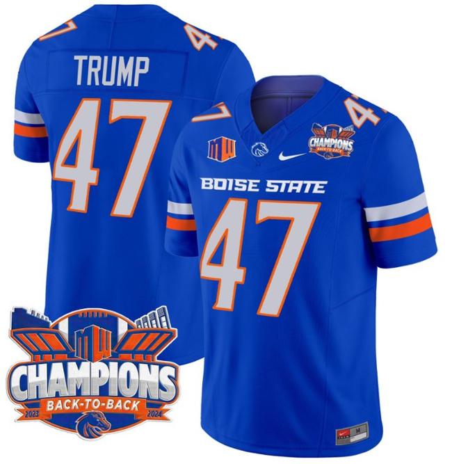 Men's Nike Donald Trump Jersey #47 Boise State Broncos Back To Back Champions Patch F.U.S.E. Vapor Limited Stitched College Football Royal