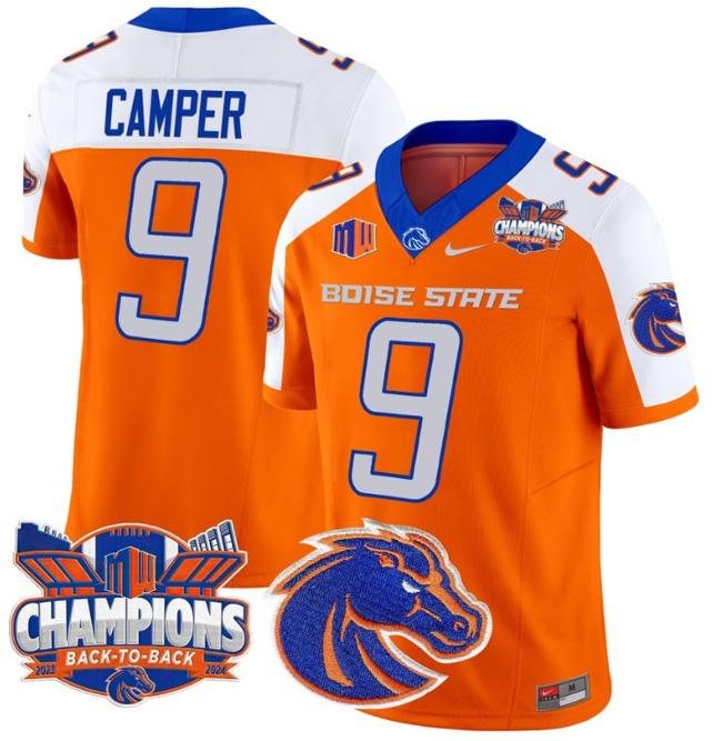 Men's Nike Cameron Camper Jersey #9 Boise State Broncos Back To Back Champions Patch F.U.S.E. Vapor Limited Stitched College Football Orange Alternate