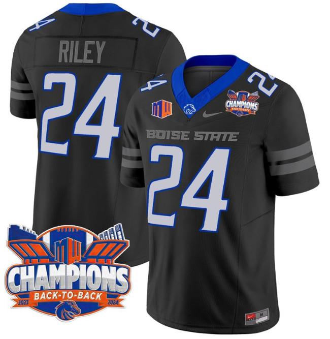 Men's Nike Dylan Riley Jersey #24 Boise State Broncos Back To Back Champions Patch F.U.S.E. Vapor Limited Stitched College Football Black