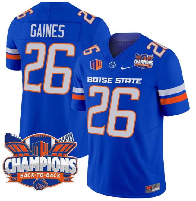 Men's Nike Sire Gaines Jersey #26 Boise State Broncos Back To Back Champions Patch F.U.S.E. Vapor Limited Stitched College Football Royal