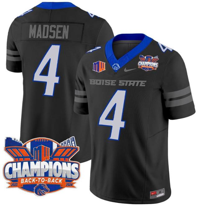 Men's Nike Maddux Madsen Jersey #4 Boise State Broncos Back To Back Champions Patch F.U.S.E. Vapor Limited Stitched College Football Black