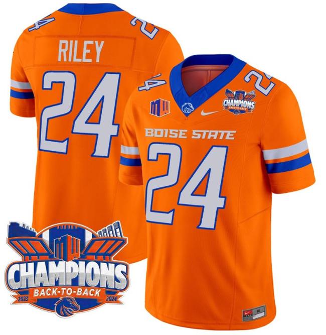 Men's Nike Dylan Riley Jersey #24 Boise State Broncos Back To Back Champions Patch F.U.S.E. Vapor Limited Stitched College Football Orange