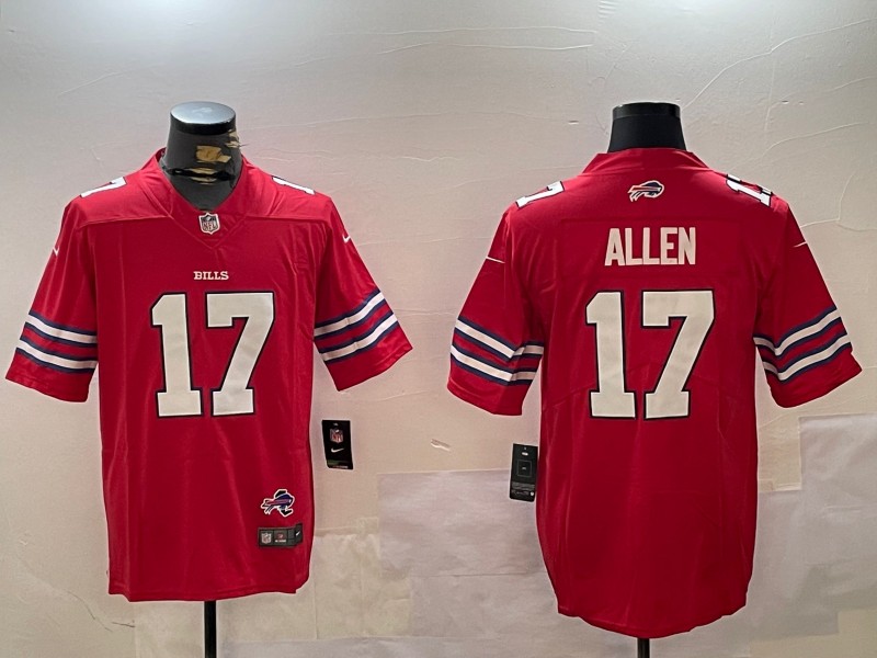 Men's Buffalo Bills #17 Josh Allen Red With State Map Patch Vapor Limited Stitched Football Jersey