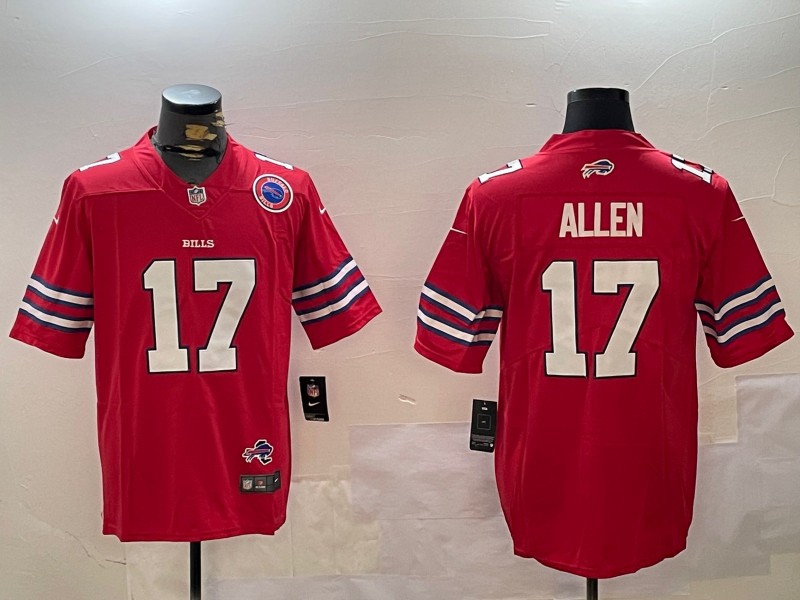 Men's Buffalo Bills #17 Josh Allen Red With Team and State Map Patch Vapor Limited Stitched Football Jersey