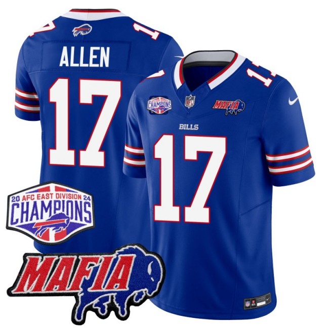 Men's Buffalo Bills #17 Josh Allen Royal With Bills Mafia and 2024-25 AFC East Championship Patch Nike F.U.S.E. Vapor Limited Stitched NFL Jersey