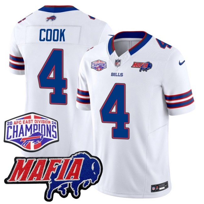 Men's Buffalo Bills #4 James Cook White With Bills Mafia and 2024-25 AFC East Championship Patch Nike F.U.S.E. Vapor Limited Stitched NFL Jersey