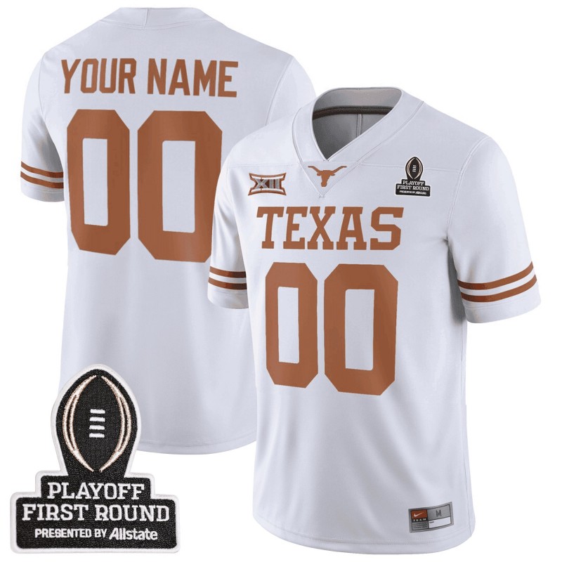 Nike Customized Texas Longhorns White With 2025 CFP First Round Patch College Football Vapor Limited Stitched Jersey