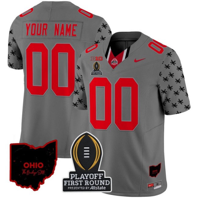 Customized Nike Ohio State Buckeyes 2024 Playoff First Round and State Map Patch F.U.S.E. Vapor Limited College Football Stitched Jersey Gray