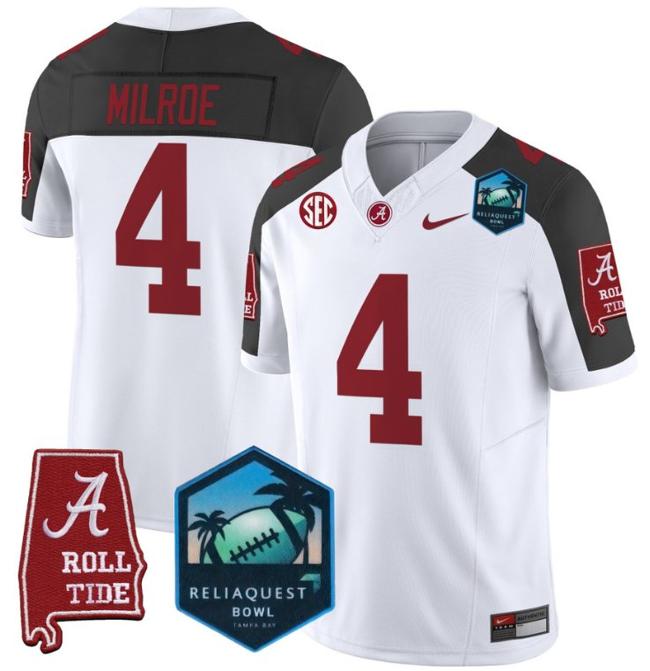 Men's Nike Jalen Milroe Jersey #4 Alabama Crimson Tide 2025 ReliaQuest Bowl Patch F.U.S.E. Vapor Limited Stitched College Football Inverted