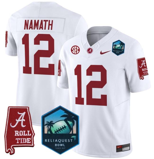 Men's Nike Joe Namath Jersey #12 Alabama Crimson Tide 2025 ReliaQuest Bowl Patch F.U.S.E. Vapor Limited Stitched College Football White