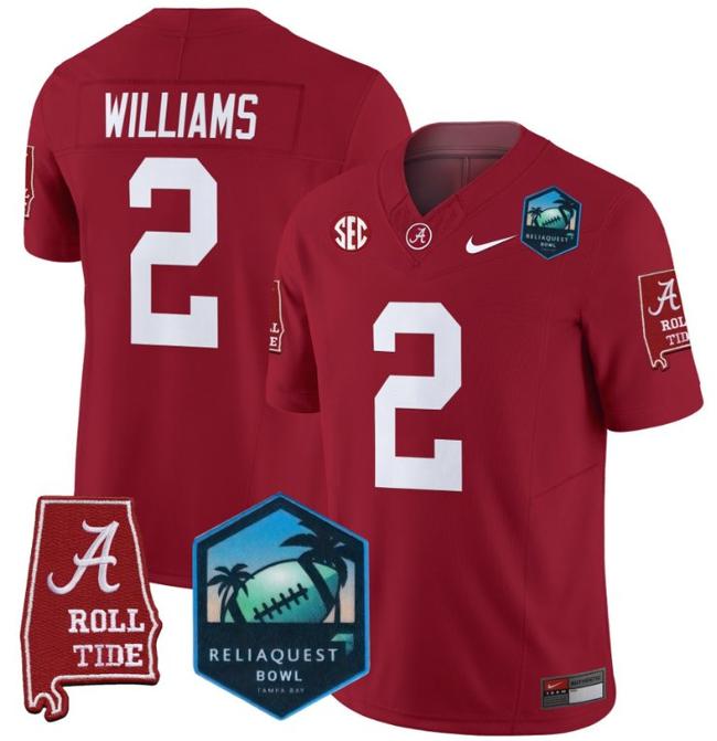 Men's Nike Ryan Williams Jersey #2 Alabama Crimson Tide 2025 ReliaQuest Bowl Patch F.U.S.E. Vapor Limited Stitched College Football Crimson