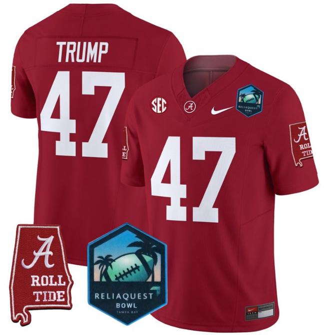 Men's Nike Donald Trump Jersey #47 Alabama Crimson Tide 2025 ReliaQuest Bowl Patch F.U.S.E. Vapor Limited Stitched College Football Crimson