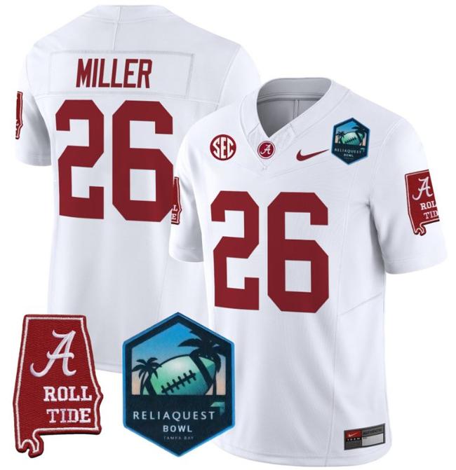 Men's Nike Jam Miller Jersey #26 Alabama Crimson Tide 2025 ReliaQuest Bowl Patch F.U.S.E. Vapor Limited Stitched College Football White