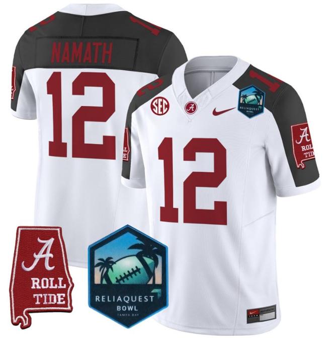 Men's Nike Joe Namath Jersey #12 Alabama Crimson Tide 2025 ReliaQuest Bowl Patch F.U.S.E. Vapor Limited Stitched College Football Inverted