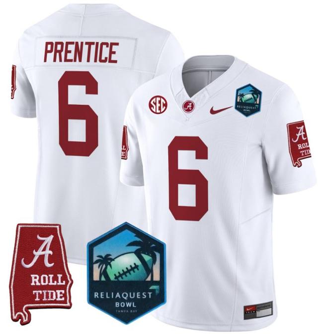 Men's Nike Kobe Prentice Jersey #6 Alabama Crimson Tide 2025 ReliaQuest Bowl Patch F.U.S.E. Vapor Limited Stitched College Football White