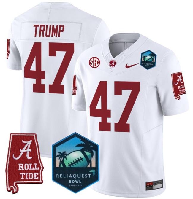 Men's Nike Donald Trump Jersey #47 Alabama Crimson Tide 2025 ReliaQuest Bowl Patch F.U.S.E. Vapor Limited Stitched College Football White