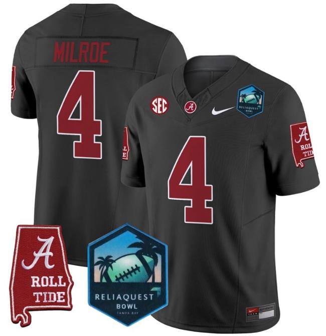 Men's Nike Jalen Milroe Jersey #4 Alabama Crimson Tide 2025 ReliaQuest Bowl Patch F.U.S.E. Vapor Limited Stitched College Football Black