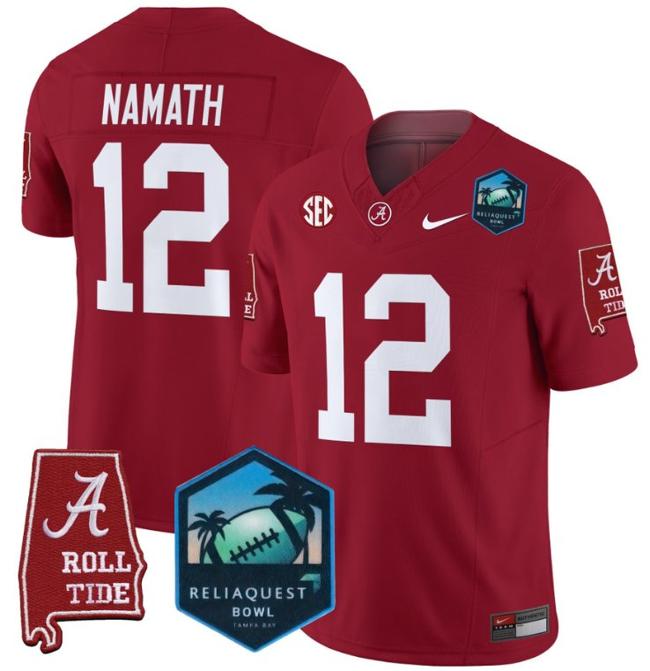 Men's Nike Joe Namath Jersey #12 Alabama Crimson Tide 2025 ReliaQuest Bowl Patch F.U.S.E. Vapor Limited Stitched College Football Crimson