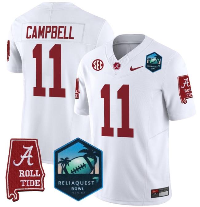 Men's Nike Jihaad Campbell Jersey #11 Alabama Crimson Tide 2025 ReliaQuest Bowl Patch F.U.S.E. Vapor Limited Stitched College Football White