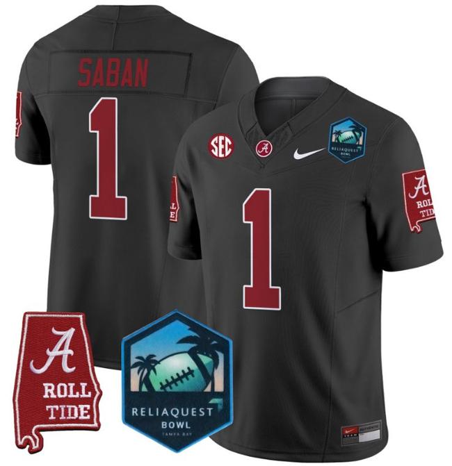 Men's Nike Nick Saban Jersey #1 Alabama Crimson Tide 2025 ReliaQuest Bowl Patch F.U.S.E. Vapor Limited Stitched College Football Black