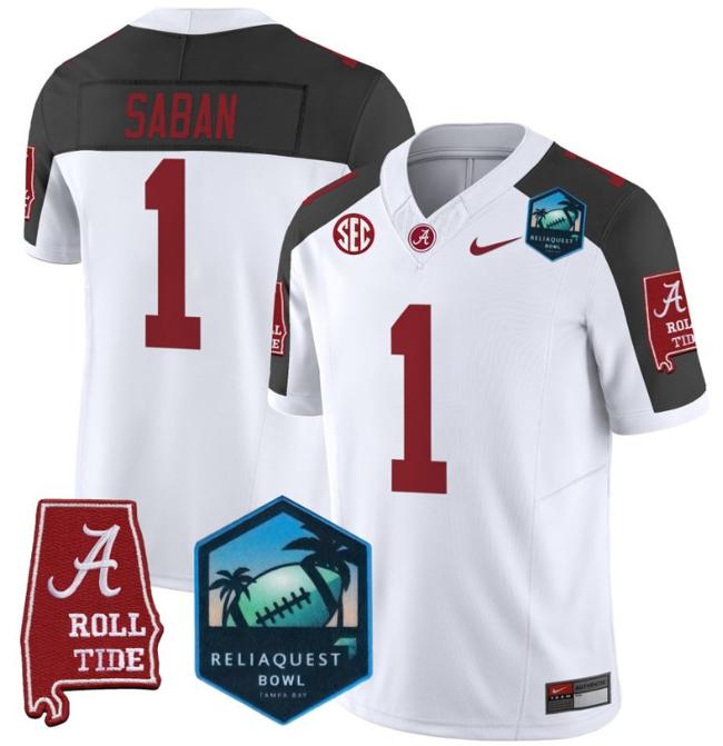 Men's Nike Nick Saban Jersey #1 Alabama Crimson Tide 2025 ReliaQuest Bowl Patch F.U.S.E. Vapor Limited Stitched College Football Inverted