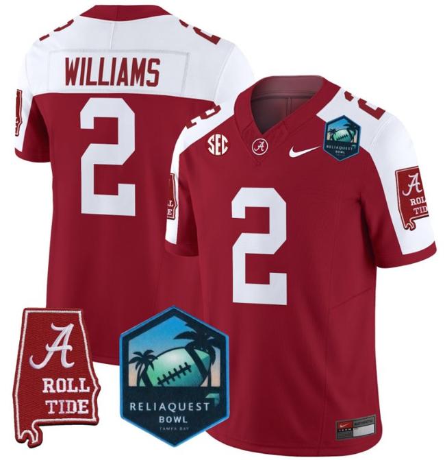 Men's Nike Ryan Williams Jersey #2 Alabama Crimson Tide 2025 ReliaQuest Bowl Patch F.U.S.E. Vapor Limited Stitched College Football Crimson Alternate