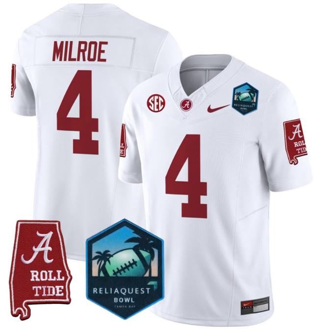 Men's Nike Jalen Milroe Jersey #4 Alabama Crimson Tide 2025 ReliaQuest Bowl Patch F.U.S.E. Vapor Limited Stitched College Football White