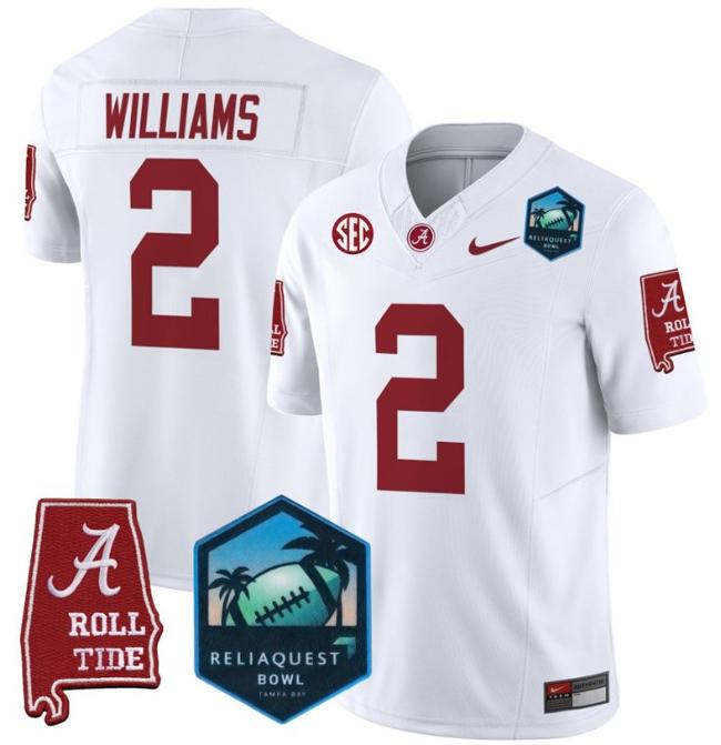 Men's Nike Ryan Williams Jersey #2 Alabama Crimson Tide 2025 ReliaQuest Bowl Patch F.U.S.E. Vapor Limited Stitched College Football White