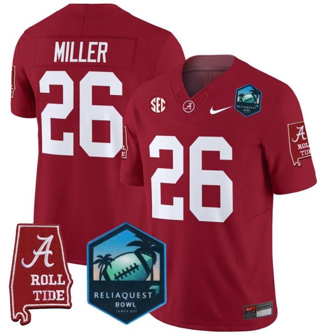 Men's Nike Jam Miller Jersey #26 Alabama Crimson Tide 2025 ReliaQuest Bowl Patch F.U.S.E. Vapor Limited Stitched College Football Crimson