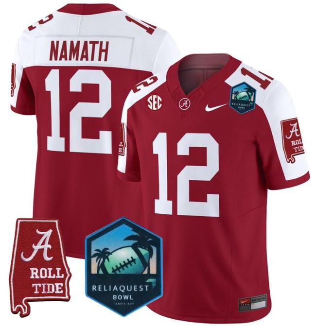 Men's Nike Joe Namath Jersey #12 Alabama Crimson Tide 2025 ReliaQuest Bowl Patch F.U.S.E. Vapor Limited Stitched College Football Crimson Alternate