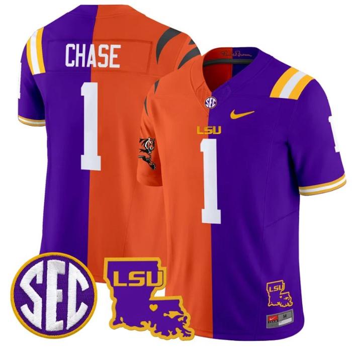 Men's Nike Ja'Marr Chase Jersey #1 LSU Tiger Split Vapor Limited College Football All Stitched