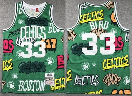 Men's Boston Celtics #33 Larry Bird Patrick Ewing Green Doodle Fashion Swingman Jersey