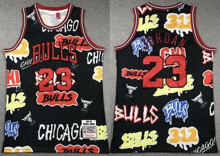 Men's Chicago Bulls #23 Michael Jordan Black Doodle Fashion Swingman Jersey