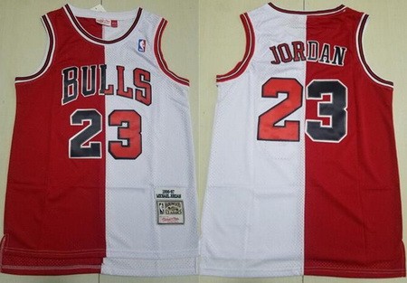 Men's Chicago Bulls #23 Michael Jordan Red White Split 1996 Throwback Swingman Jersey